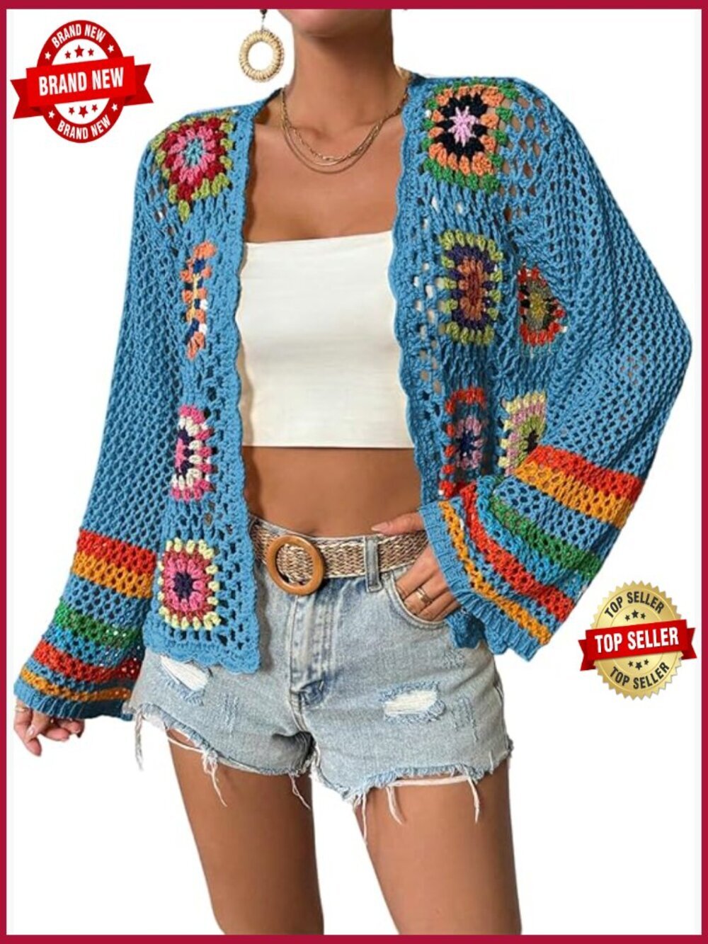 Floral Crochet Open Front Long Sleeve Cardigan Sweater Lightweight